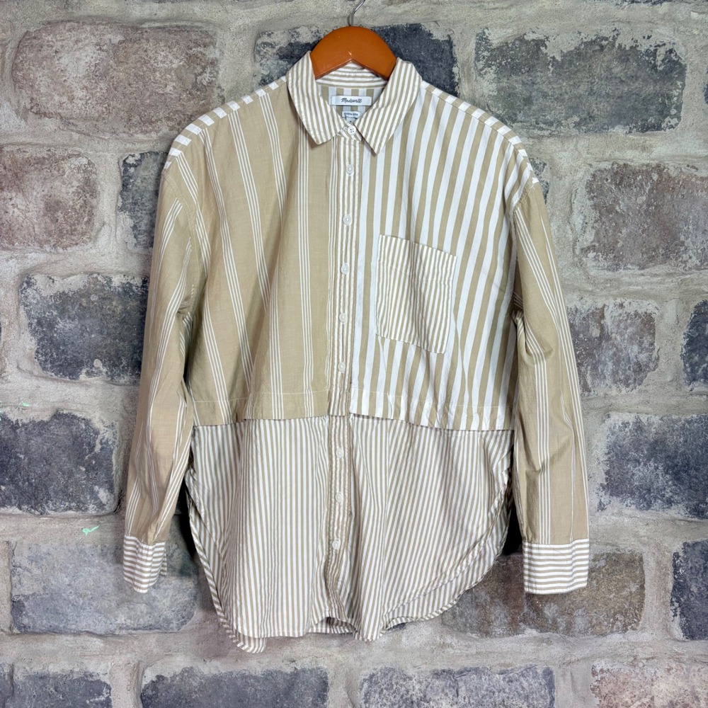Madewell Oversized Mixed Stripe Cotton Button Down Shirt Tan White Poplin Medium